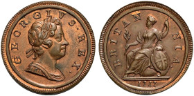 Proof CU Halfpenny (9.87 g, 12h). Dated 1717. ‘Dump’ type. Peck 773; SCBC 3659 (this coin illustrated).
Considerable lustre. Rare.
In NGC encapsulat...