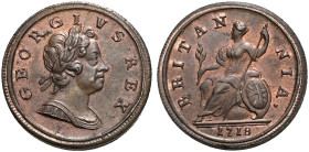 CU Halfpenny. Dated 1718. ‘Dump’ type. Peck 774; SCBC 3659.
Toned with hints of lustre.
In NGC encapsulation 2153810-014, graded MS 64 BN.