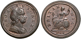 CU Halfpenny. Dated 1719. Second type. Peck 793; SCBC 3660.
Traces of lustre.
In NGC encapsulation 2153856-005, graded MS 63 BN.