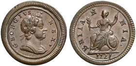 CU Farthing. Dated 1721. Peck 822; SCBC 3662 (this coin illustrated).
Hints of lustre and some brilliance. 
In NGC encapsulation 2153810-009, MS 63 ...