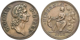 Pattern CU Halfpenny (8.19 g, 6h). Irish coinage. Wood’s Hibernia issue. Dated 1722. GEORGIVS D : G : REX ·, laureate head right / · HIBERNIÆ ·, Hiber...