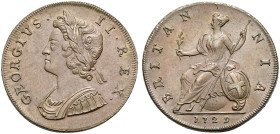 CU Halfpenny. Dated 1729. Young head. No stop on reverse. Peck 831; SCBC 3717.
In NGC encapsulation 2153863-040, graded MS 64 BN.