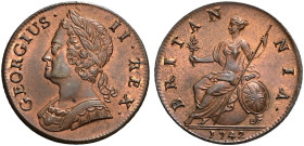 CU Halfpenny. Dated 1742. Old head. Peck 872; SCBC 3718.
Extensive lustre and Top Pop.
In NGC encapsulation 2153810-047, graded MS 65 RB.

Purchas...