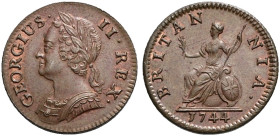 CU Farthing. Dated 1744. Old head. Peck 886; SCBC 3721.
Hints of lustre.
In NGC encapsulation 2153856-011, graded MS 63 BN.