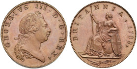 Proof Pattern Bronzed CU Halfpenny (15.99 g, 12h). Soho (Birmingham) mint. Dies by Droz. Dated 1788. Taylor restrike. GEORGIVS III · D · G · REX (scro...