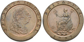 CU Twopence. Soho (Birmingham) mint. Dated 1797. ‘Cartwheel’ type. Peck 1077; SCBC 3776.
With some lustre.
In NGC encapsulation 2153863-017, graded ...