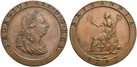 Proof Bronzed CU Penny (28.20 g, 5h). Soho (Birmingham) mint. Dated 1797. Late Soho strike. Peck 1115; SCBC 3777.
Toned and rare.
In NGC encapsulati...