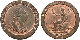 CU Penny. Soho (Birmingham) mint. Dated 1797. Peck 1132; SCBC 3777.
Considerable lustre.
In NGC encapsulation 2153810-029, graded MS 64+ RB.