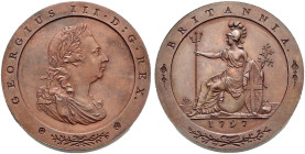 Proof Pattern Bronzed CU Penny (30.26 g, 6h). Soho (Birmingham) mint. Dies by C.H. Küchler. Dated 1797. Taylor restrike. GEORGIUS III · D : G · REX ·,...