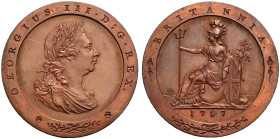 Proof Pattern CU Penny (30.11 g, 5h). Soho (Birmingham) mint. Dies by C.H. Küchler. Dated 1797. Taylor restrike. GEORGIUS III · D : G · REX ·, laureat...