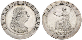 Proof Pattern AR Farthing (11.10 g, 6h). Soho (Birmingham) mint. Dies by C.H. Küchler. Dated 1797. Taylor restrike. GEORGIUS III · D : G · REX ·, laur...