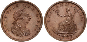 Proof Pattern Bronzed CU Penny (21.48 g, 5h). Soho (Birmingham) mint. Dies by C.H. Küchler. Dated 1805. Taylor restrike. GEORGIUS III · D : G · REX · ...