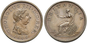 Proof Bronzed CU Penny. Soho (Birmingham) mint. Dated 1806. Late Soho strike. Peck 1323; SCBC 3780.
Dark chocolate tone.
In NGC encapsulation 215387...
