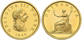 Proof Gilt CU Halfpenny. Soho (Birmingham) mint. Dated 1806. Late Soho strike. Peck 1362; SCBC 3781.
In NGC encapsulation 2153863-027, graded PF 64 C...