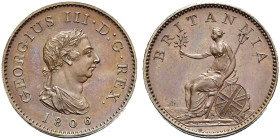 Proof Bronzed CU Farthing. Soho (Birmingham) mint. Dated 1806. Early Soho strike. Peck 1388; SCBC 3782.
Toned.
In NGC encapsulation 2153856-047, gra...