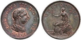 Proof CU Farthing. Soho (Birmingham) mint. Dated 1806. Early Soho strike. Peck 1389; SCBC 3782 (this coin illustrated).
Much brilliance.
In NGC enca...