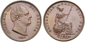 Proof Bronzed CU Halfpenny. Dated 1831. 6h die axis. Peck 1463; SCBC 3847.
In NGC encapsulation 2153879-016, graded PF 64 BN.