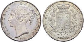 AR Crown. Dated 1845 and RY VIII. Young head. Cinquefoil stops on edge. Bull 2564; ESC 282; SCBC 3882.
A superb example with exquisite surfaces and a...