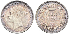 AR Sixpence. Dated 1887. Young head. Bull 3262; ESC 1750; SCBC 3912.
Pinkish tone.
In NGC encapsulation 2153863-034, graded MS 65.
