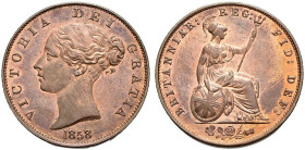 CU Halfpenny. Dated 1858/7. Peck 1548; SCBC 3949.
Extensive lustre.
In NGC encapsulation 2153880-029, graded MS 65 RB. Overdate not noted by NGC on ...