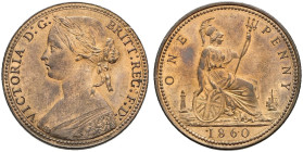 Æ Penny. Dated 1860. Beaded border. Dies 1+B. Freeman 6; Peck 1619; SCBC 3954.
Lustrous.
In NGC encapsulation 2153863-042, graded MS 64 RB.