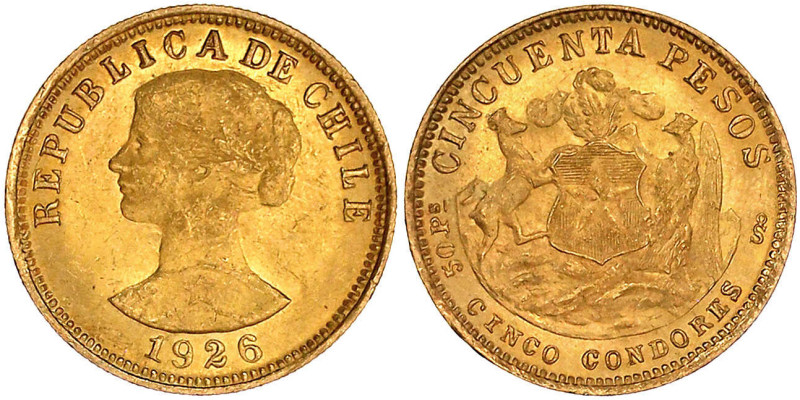 Ausländische Goldmünzen und -medaillen

Chile

Republik, seit 1818

50 Pes...