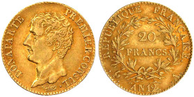 Ausländische Goldmünzen und -medaillen

Frankreich

Konsulat unter Napoleon Bonaparte, 1799-1804

20 Francs Premier Consul AN 12 A, Paris. 6,45 ...