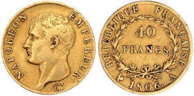 Ausländische Goldmünzen und -medaillen

Frankreich

Napoleon I., 1804-1814/15

40 Francs 1806 A, Paris. 12,9 g. 900/1000. fast sehr schön. Kraus...