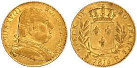 Ausländische Goldmünzen und -medaillen

Frankreich

Ludwig XVIII., 1814/1815-1824

20 Francs 1815 R, London. 6,45 g. 900/1000. sehr schön. Kraus...