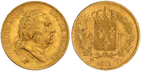 Ausländische Goldmünzen und -medaillen

Frankreich

Ludwig XVIII., 1814/1815-1824

40 Francs 1818 W, Lille. 12,90 g. 900/1000. vorzüglich, präge...