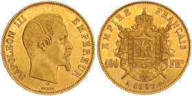 Ausländische Goldmünzen und -medaillen

Frankreich

Napoleon III., 1852-1870

100 Francs 1857 A, Paris. 32,26 g. 900/1000. gutes vorzüglich, win...