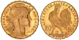 Ausländische Goldmünzen und -medaillen

Frankreich

Dritte Republik, 1871-1940

20 Francs Hahn 1908. 6,45 g. 900/1000. Stempelglanz, Prachtexemp...