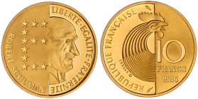 Ausländische Goldmünzen und -medaillen

Frankreich

Fünfte Republik, seit 1958

10 Francs Gold 1986, Robert Schumann. 7,00 g. 920/1000. In Origi...