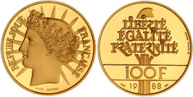 Ausländische Goldmünzen und -medaillen

Frankreich

Fünfte Republik, seit 1958

100 Franc 1988 "Fraternite" 17 g. 920/1000. In Originalschatulle...