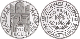 Ausländische Goldmünzen und -medaillen

Frankreich

Fünfte Republik, seit 1958

500 Francs/70 ECU's PLATIN 1990 Karl der Grosse. 20 g. fein. Im ...