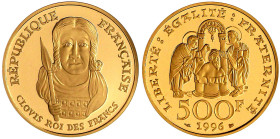 Ausländische Goldmünzen und -medaillen

Frankreich

Fünfte Republik, seit 1958

500 Francs 1996 Ludwig, König der Franken/Taufszene. 17 g. 920/1...
