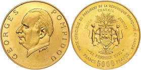 Ausländische Goldmünzen und -medaillen

Gabun

Republik, seit 1960

5000 Francs 1971 Georges Pompidou/Wappen mit Schiff 17,50 g. 900/1000. In Or...