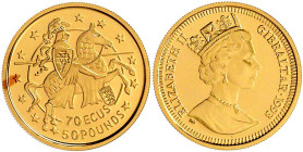 Ausländische Goldmünzen und -medaillen

Gibraltar

Elisabeth II., 1952-2022

70 ECU/50 Pounds 1993 Ritter zu Pferd nach rechts, mit Beizeichen W...