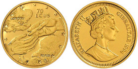 Ausländische Goldmünzen und -medaillen

Gibraltar

Elisabeth II., 1952-2022

70 ECU 1994 Einweihung des Kanaltunnels zwischen England und Frankr...