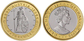 Ausländische Goldmünzen und -medaillen

Gibraltar

Elisabeth II., 1952-2022

75 ECU Bimetall 1996. Stehende Landesgöttin mit Adlerschild. 3,89 g...