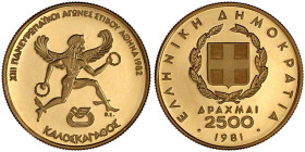 Ausländische Goldmünzen und -medaillen

Griechenland

Republik, 1973 bis heute

2500 Drachmen 1981/1982 Pan-Europäische-Spiele/Agon, Gott des We...