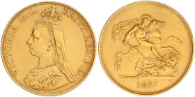 Ausländische Goldmünzen und -medaillen

Grossbritannien

Victoria, 1837-1901

5 Pounds 1887. 39,96 g. 917/1000. sehr schön/vorzüglich. Spink. 38...
