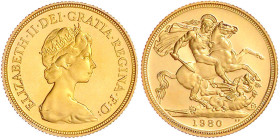 Ausländische Goldmünzen und -medaillen

Grossbritannien

Elisabeth II., 1952-2022

Sovereign 1980, Drachentöter. 7,98 g. 917/1000. In Originalsc...