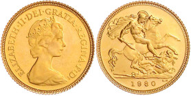 Ausländische Goldmünzen und -medaillen

Grossbritannien

Elisabeth II., 1952-2022

1/2 Sovereign 1980. Drachentöter. 3,99 g. 917/1000. In Origin...