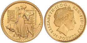 Ausländische Goldmünzen und -medaillen

Grossbritannien

Elisabeth II., 1952-2022

25 Pounds Britannia 2001. Britannia mit Löwe nach links. 1/4 ...