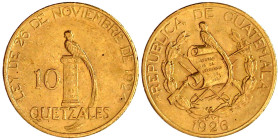 Ausländische Goldmünzen und -medaillen

Guatemala

Republik

10 Quetzales 1926. Göttervogel. 16,71 g. 900/1000. vorzüglich, selten. Krause/Mishl...