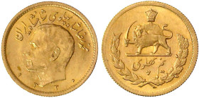 Ausländische Goldmünzen und -medaillen

Iran

Mohammed Reza Pahlavi, 1941-1979

1/2 Pahlavi SH 1330 = 1951. 4,07 g. 900/1000. prägefrisch. Kraus...