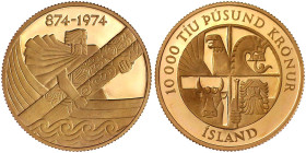 Ausländische Goldmünzen und -medaillen

Island

Republik, seit 1944

10000 Kronur 1974. Ingulfur Arnason in seinem Schiff. 15,50 g. 900/1000. Po...