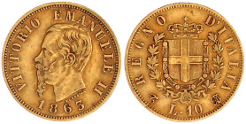 Ausländische Goldmünzen und -medaillen

Italien- Königreich

Vittorio Emanuele II., 1861-1878

10 Lire 1863 T BN. 3,23 g. 900/1000. Durchm. 18,5...