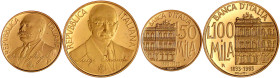 Ausländische Goldmünzen und -medaillen

Italien- Republik

seit 1946

2 Stück: 50.000 und 100.000 Lire 1993 (1994). 100 Jahre Bank von Italien. ...